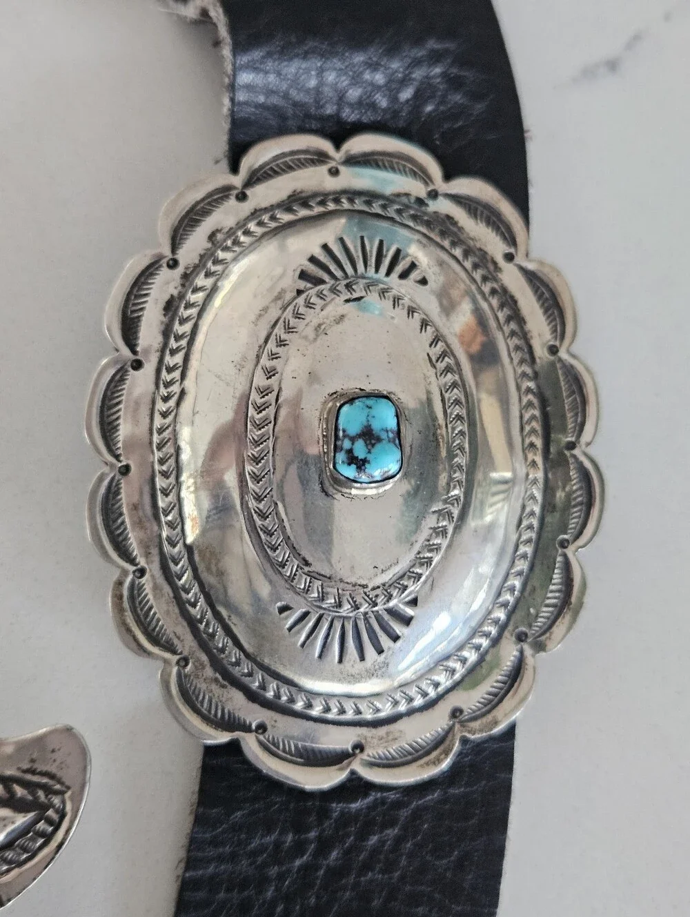 Vintage Navajo Kingman Turquoise Accent Sterling Silver Concho Leather Belt 41
